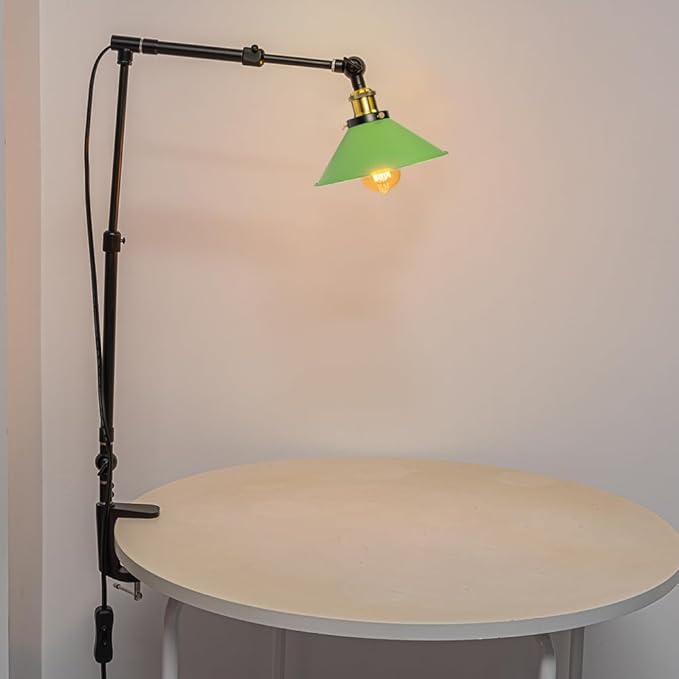 Clip Mount Plant Growing Stand Socket Light E26 Base 15Ft Timer Switch Cord Adjustable Length Green Shade for Indoor Desk Or Shelf Plants(No Bulb)