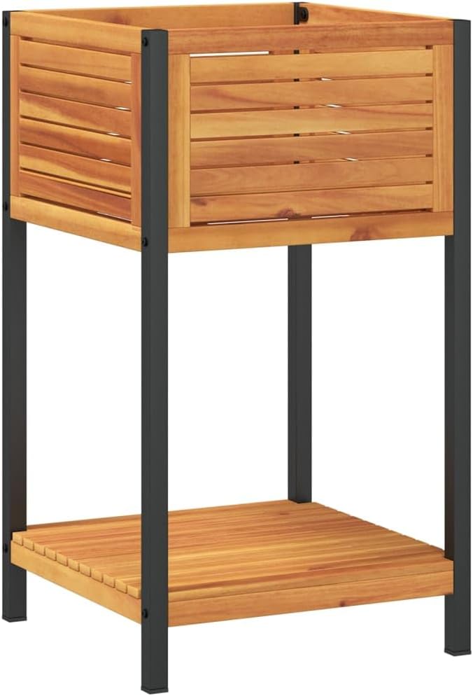 Garden Planter Brown Solid Acacia Wood Powder-Coated Steel 17.7x17.7x31.5 Inch Raised Garden Bed for Outdoor Plants
