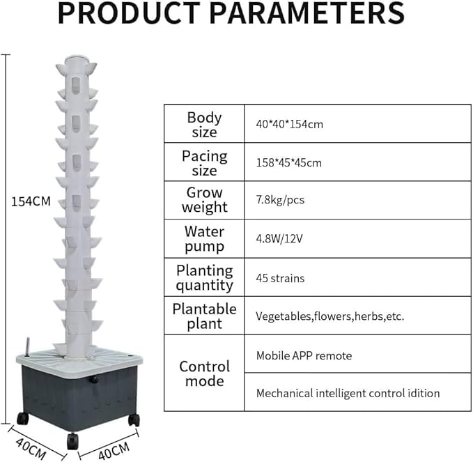 Garden Hydroponic Growing System Vertical Tower with Pump and Movable Water Tank - Vegetable Plant Tower Gift for Gardening Lover - 15 Layer 45 Plants Sites