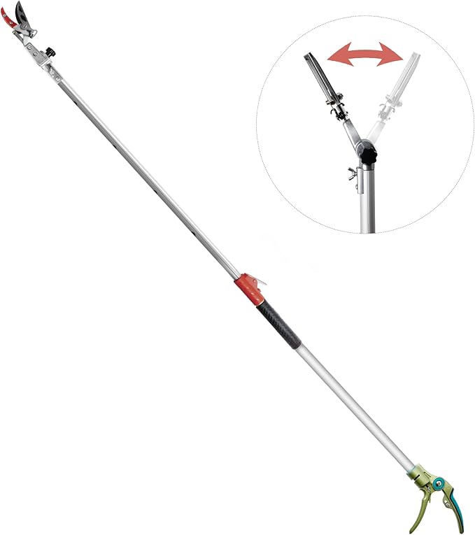 GARTOL Pruner for Garden Cut Upto 1 Inch &amp Hold Telescopic Pole Pruner Fruit Picker with Rotating Blade Head Lightweight Aluminum Extendable Handle for Tree Branch Cutter 3.67-5.45 FT Silver