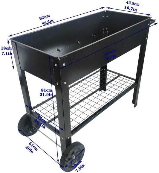 Mobile Elevated Metal Garden Bed Cart with Wheels Tall Raised Planter Box with Legs and Shelf for Vegetables Herbs Flowers Indoor Outdoor Patio Backyard Gardening with Drainage Hole System