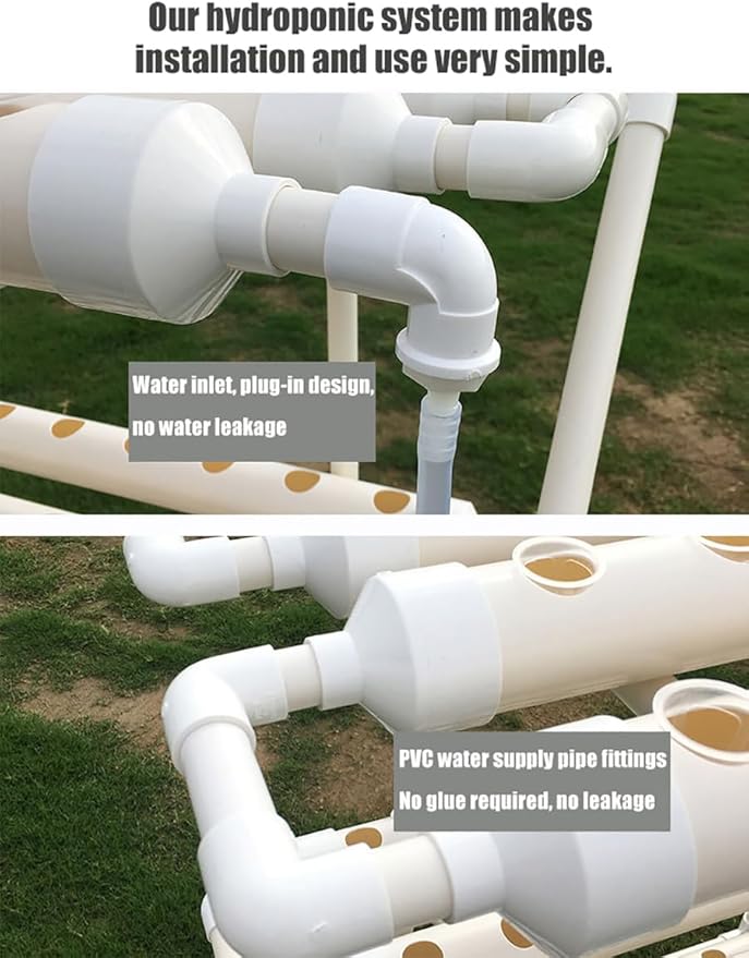 Hydroponics Growing System Kit 3 Layers 12 PVC-U Pipes Gardening System Grow Kit 108 Plant Sites with Water Pump Timer Nest Basket and Sponge for Leafy Vegetables