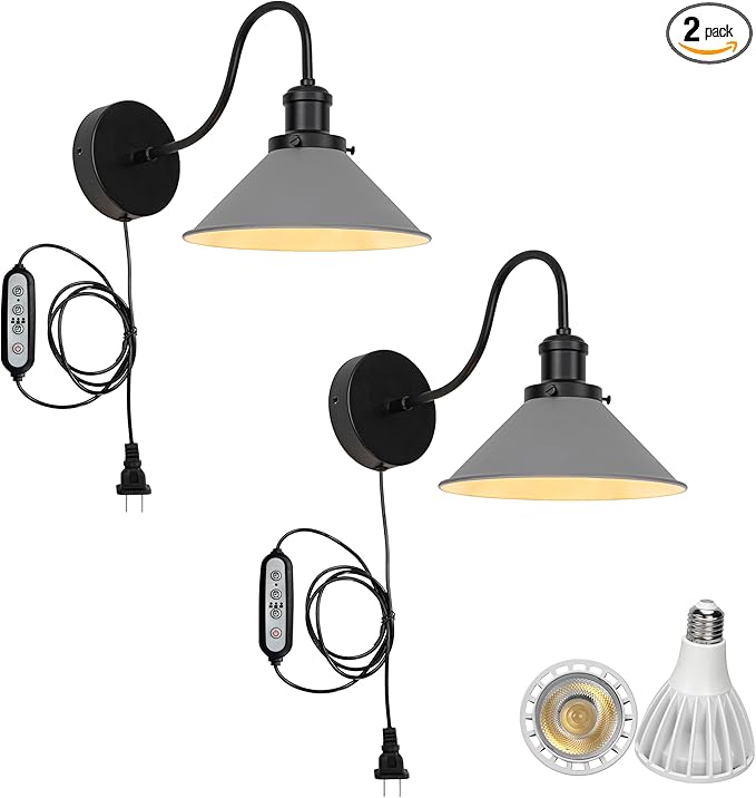 2-Pack Hook Mounted Plant Light Full Spectrum 6000K 25W White Light Timing Plug in Cord Vintage Gray Cone Shade Goose Neck Wall Lamp for Indoor Plants Flowers Growing