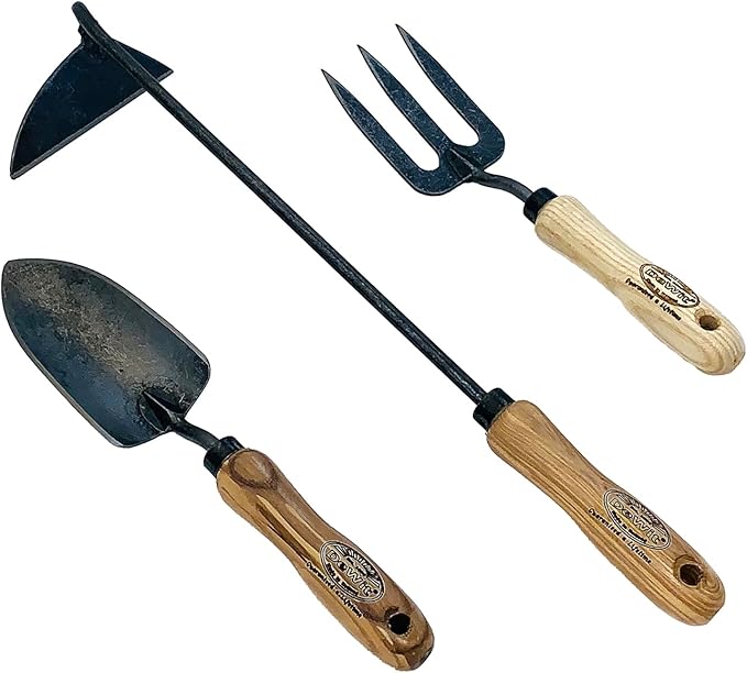 DeWit 3-Piece Petite Garden Tool Set – Dutch Hand Hoe Small Trowel &amp Hand Fork – Tempered Boron Steel with Ash Hardwood Handles