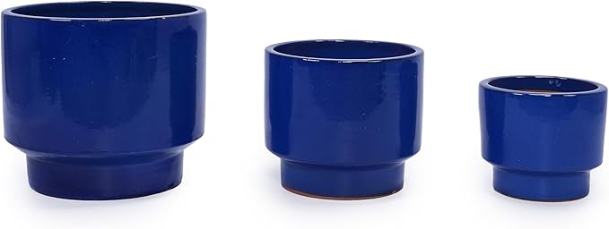 Handmade Solid Blue Glazed Ceramic Planter Set of 3 15129 Inch Diameter for Succulents Flowers Outdoor G Indoor Staircase Use Breathable Porous Clay