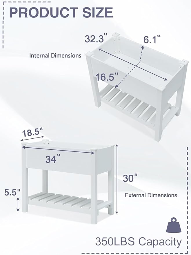 Raised Garden Bed with Legs 34x18x30in Outdoor All-Weather Elevated Planter Box Stand for Outdoor Plants Flowers Vegetable Fruits (Off-White)