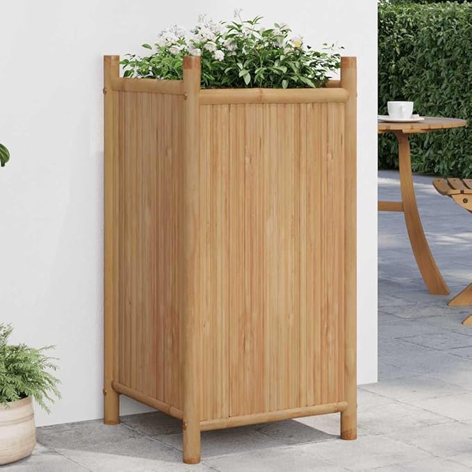 Natural Bamboo Planter Box 15.7x15.7x31.5 Inch Square Raised Garden Bed with Decorative Inlays for Outdoor Patio Balcony Gardening