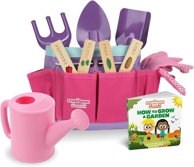 Pink Kids Gardening Tools - Includes Sturdy Tote Bag Watering Can Gloves Shovels Garden Stakes and a Delightful Children's Book How to Garden Tale - Kids Garden Tool Set for Toddler Age on up.