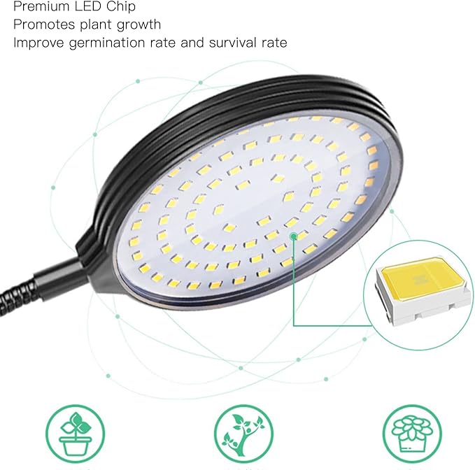 LED Plant Grow Light Dual Growing Lamp 5 Dimmable Levels Clip on Base 360 Degree USB Powered with Timer for Indoor