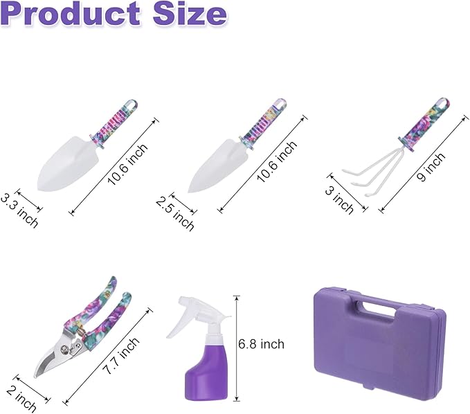 HARFINGTON 1 Set Garden Tool Set 5 Pieces Plastic Gardening Planting Tools Kits with Shovels Rake Cultivator Water Sprayer and Store Case Purple