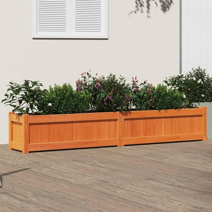 Garden Planter Wax Brown Solid Pine Wood 71x71x12.2 Inch Outdoor Raised Garden Bed for Vegetables Flowers Herbs Patio Decking