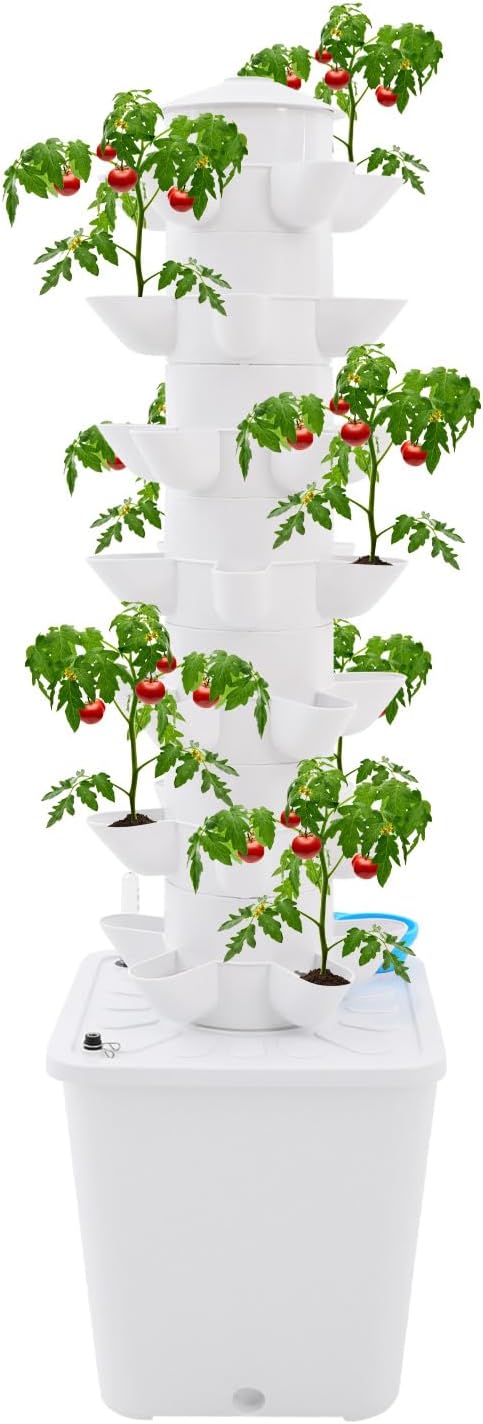 7 Tiers Hydroponic Growing Tower with Lights 35 Pods Vertical Planter w/Water Level Gauge &amp Planting Sponge Indoor Garden Hydroponics Growing System Kit for Vegetables Flowers Fruits-White