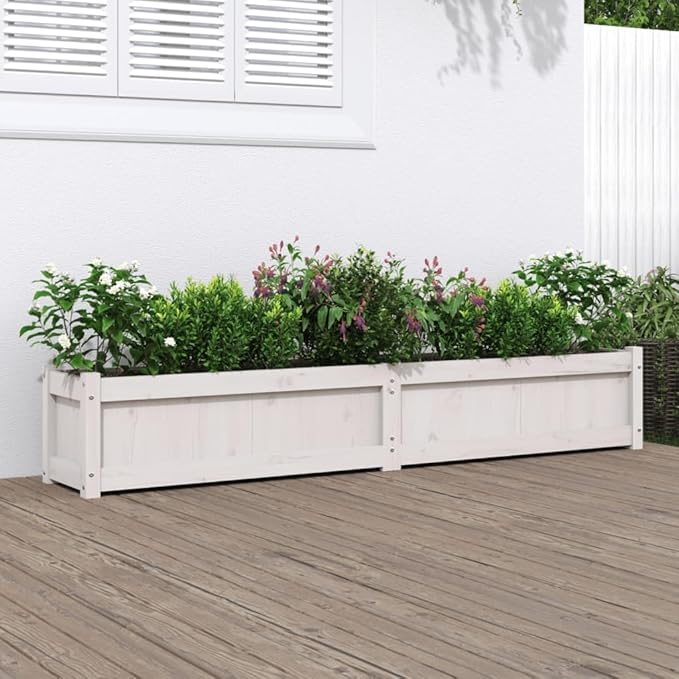 White Solid Pine Wood Rectangular Garden Planter 70.9x12.2x12.2 Inch Outdoor Raised Garden Bed for Flowers Vegetables Durable Patio Deck Planter Box
