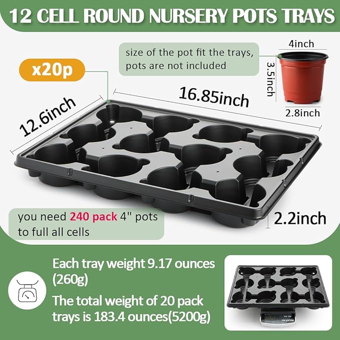 12 Cell Round Nursery Pot Trays Thickened Durable Seedling Pots Shuttle Carrying Trays for Holding 4 Inch Nursery Pots (16.85 × 12.6 20-Pack)