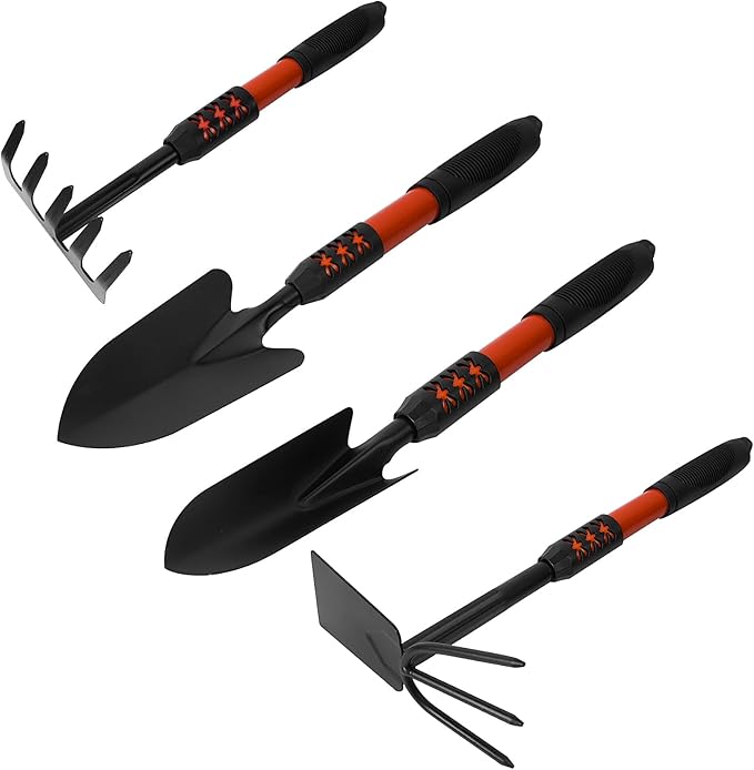 Luwint Gardening Tools Kit Pack of 4 Garden Tool Set with Non-Slip Handle Sturdy Classic Utility Tool Heavy Duty Steel Garden Tools with Long Ergonomic Handle for Maintaining Lawn Garden Vege