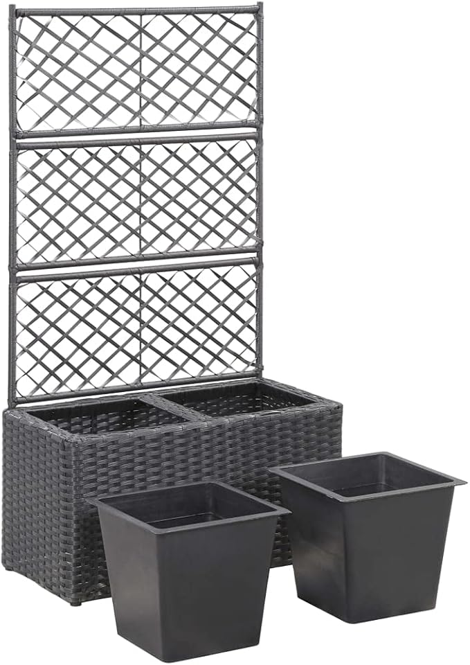 Trellis Raised Bed with 2 Pots 22.8x11.8x42.1 Poly Rattan Black Garden Raised Bed Outdoor Planter for Climbing Plants with Removable Pots and Built-in Trellis