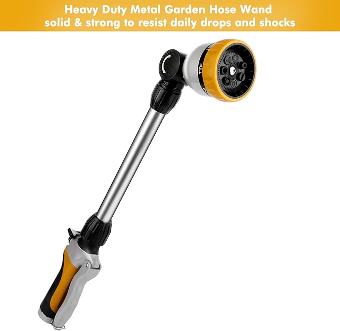 RESTMO Metal Watering Wand Heavy Duty Garden Hose Wand with 180° Swivel Ratcheting Head 16'' Hose Nozzle Sprayer with 7 Spray Patterns and Flow Control for Water Hanging Baskets and Shrubs Yellow