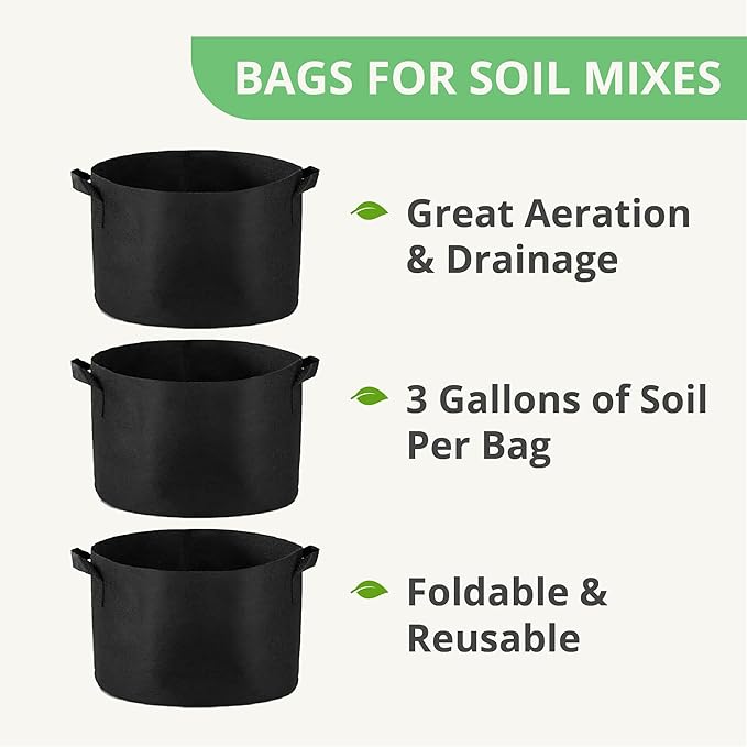 Seed Starting Soil Mix (24 Qts) - Coco Coir 650gm Bricks (2-Pack) + Perlite Bliss + 3 Gallon Grow Bags - Seed Starter Soil for Indoor Plants Outdoor Plants Seedlings - Organic Coco Coir Perlite Mix