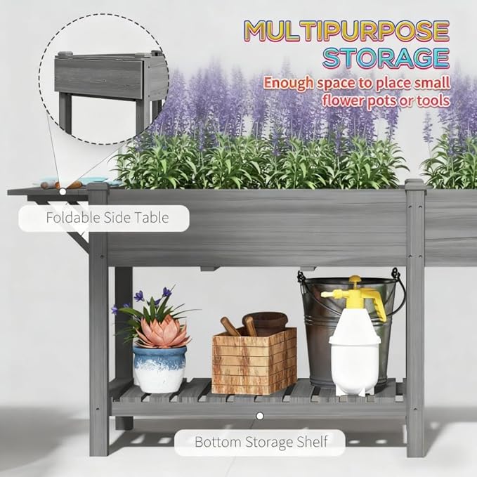 Elevated Garden BedWood Raised GBoxwith Side TableBottom ShelfBed Liners and Drainage Holes