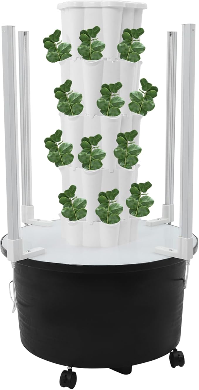4-Tier Hydroponic Tower Garden - 24 Planting Holes Vertical Growing System with LED Grow Lights 10.5Gal Water Tank - Indoor Outdoor Herb Vegetable Planter with Lockable Wheels for Home Kitchen Garden