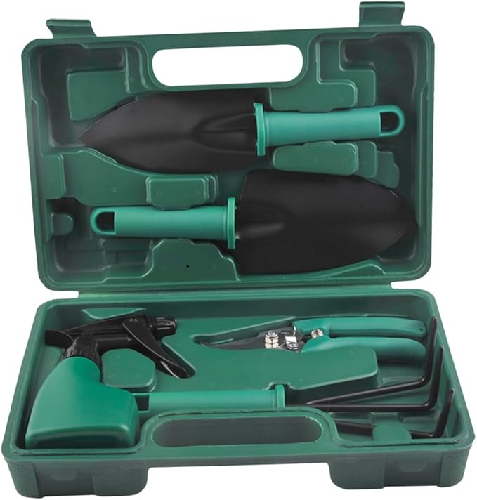 Veemoon Garden Shovels Rakes and Gardening Scissors Tool Set with Portable Carrying Case 5pcs Outdoor Planting Supplies for Lawn Care and Gardening Maintenance