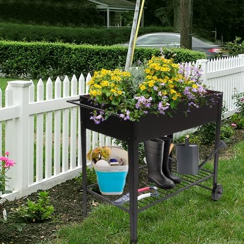 VINGLI Large Metal Raised Garden Bed Planter Box with Legs and Wheels Outdoor Elevated Mobile Garden Bed for Vegetables Fruits and Flowers Ergonomic Patio Metal Planter (40 L x 19 W x 32 H)