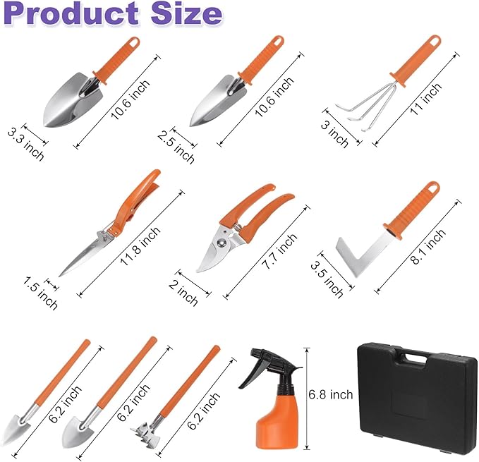 HARFINGTON 1 Set Garden Tool Set 10 Pieces Plastic Gardening Planting Tools Kits with Shovels Rake Scissor Trimmer Water Sprayer and Store Case Orange
