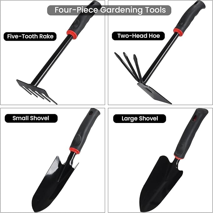 4 Pcs Garden Tools Set (Five Tooth Rake 2 Shovel and Two Headed Hoe) Terrace Balcony Gardening Accessories Kit for Home Garden Essential Farming