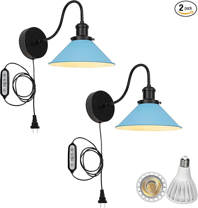 2-Pack Hook Mounted Plant Light Full Spectrum 6000K 25W White Light Timing Plug in Cord Vintage Blue Cone Shade Goose Neck Wall Lamp for Indoor Plants Flowers Growing