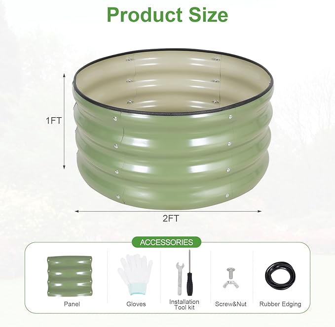 Galvanized Raised Garden Bed- 2Pcs 2x2x1FT Metal Planter Boxes Outdoor | Round Steel Raised Bed Kit &amp Fire Pit Ring for Gardening with Protective Tape Gloves for Vegetables Flower (Green)