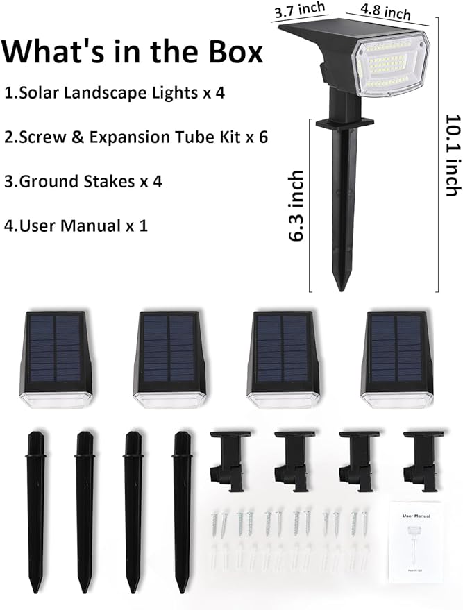 Solar Spot Lights Outdoor 4 Pack Waterproof Solar Powered Garden Lights 59 LED 4 Lighting Modes 6500K White Light 2-in-1 Auto On/Off Wall Light Outside Landscape Lighting for Yard Pathway
