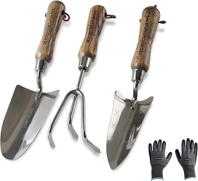 Gardening Stainless Steel Tool Set 3 Piece Includes Stainless Steel Trowel Hand Transplanter and Handheld Triple Claw Rake for Transplanting Digging Weeding Cultivating by GOODSMANN