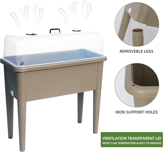 Dexceder 13.2 Gallon Self Watering Raised Garden Bed with Ventilation Transparent Lid Greenhouse Deepen Vegetable Flower Box Planter Pot with Removeble Legs&ampWater Level Indicator (Light Brown)