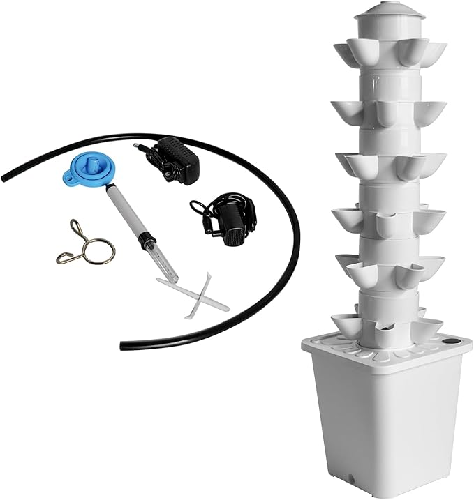 30 Plant Hydroponic Growing System Kit - Indoor Outdoor Smart Garden Tower with Silent Water Pump Soilless Vertical Design for Vegetables Herbs &amp Fruits Space Saving White