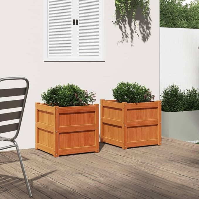 Raised Garden Bed Planters 2 Pcs Wax Brown Solid Pine Wood Outdoor Planters for Garden Patio and Balcony – Raised Garden Box for Vegetables Flowers and Herbs