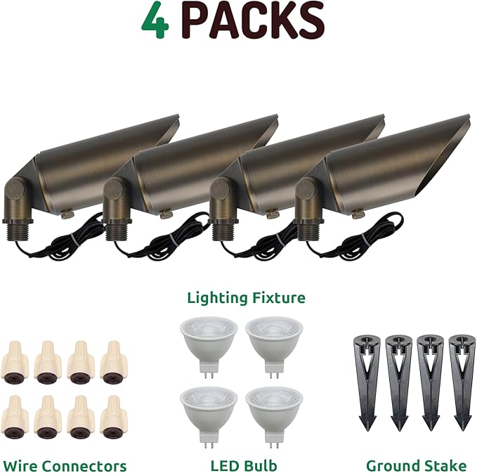 DOSHINE® Solid Brass Landscape LED Spotlights Outdoor Low Voltage Landscape Lighting AC/DC 12V Uplight Accent Light for Tree Garden Yard with Replaceable 5W 3000K Warm White 560LM MR16 Bulb (4-Pack)