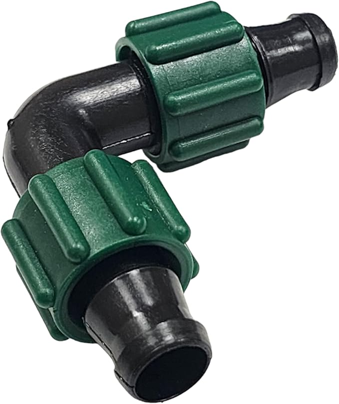 USA Made - Premium Drip Tape Irrigation Tubing (Elbow 100 Pack) (5/8 - 1/2 or .625 - .645) Universal Perma-Loc Connector Barbed Locking Fitting - Fits All Brands 16mm Drip Tape AG Tubing