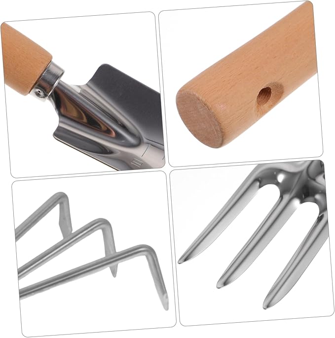4-Piece Garden Tool Set Gardening Shovel Rake Hoe Shears Stainless Steel Wooden Handles Compact for Storage