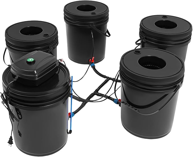 DWC Hydroponics Growing System Kit 5.28Gal x 5 Buckets Recirculating Deep Water Culture Hydroponic Bucket System with 12W Air Pump and Air Stones for Garden Greenhouse Balcony Indoor