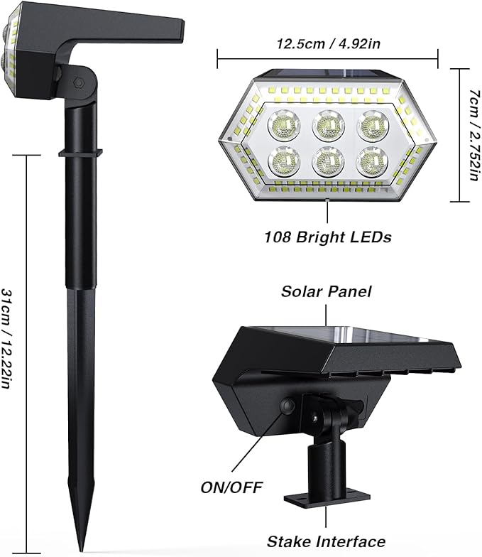 Solar Spot Lights Outdoor 108 LEDs Super Bright Light for Landscaping IP65 Waterproof Solar Landscape Spotlights with 4 Modes Solar Powered Garden Lights for Patio Yard Driveway Walkway (6 Pack)