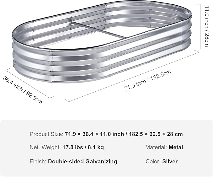 VEVOR Raised Garden Bed 71.9 x 36.4 x 11 inch Galvanized Metal Planter Box Outdoor Planting Boxes with Open Base for Growing Flowers/Vegetables/Herbs in Backyard/Garden/Patio/Balcony Silver