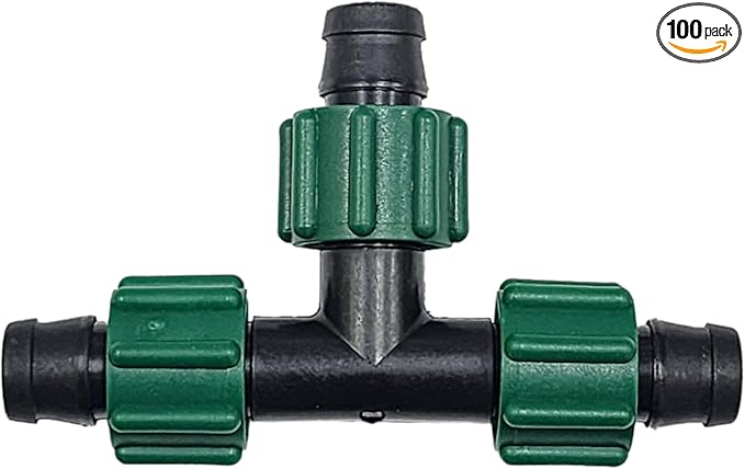 USA Made - Premium Drip Tape Irrigation Tubing 3 Way TEE 100 Pack (5/8 or .625 - .645) Universal Perma-Loc Connector Barbed Locking Fitting - Fits All Brands 16mm Drip Tape AG Tubing
