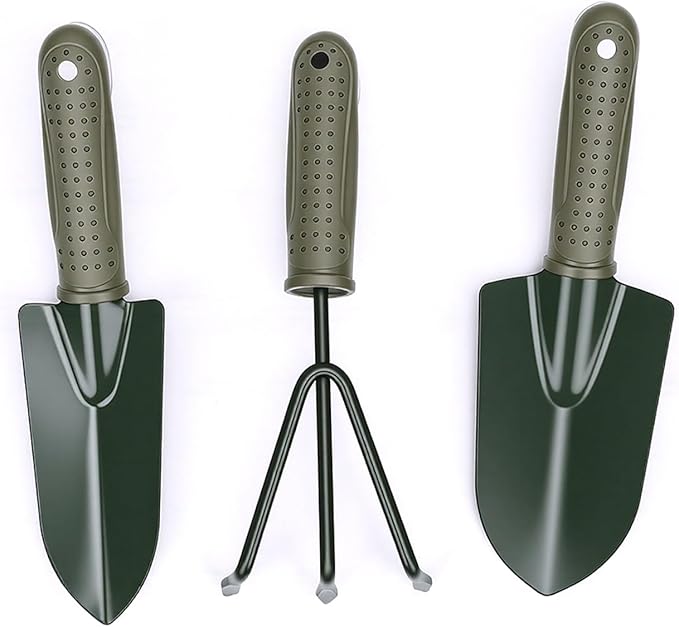MAVIS LAVEN Garden Tool Set Ergonomic Handle Wide Narrow Shovel and 3 Prong Rake with Storage Bag for Efficient Planting and Digging