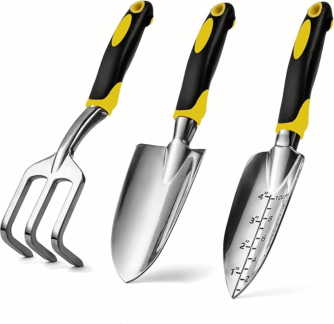 Garden Tool Set 3 Pcs Gardening Tools Including Garden Trowel Transplant Trowel and Hand Cultivator Aluminum Alloy Gardening Supplies with Handle for Gardening Digging Transplanting Yellow