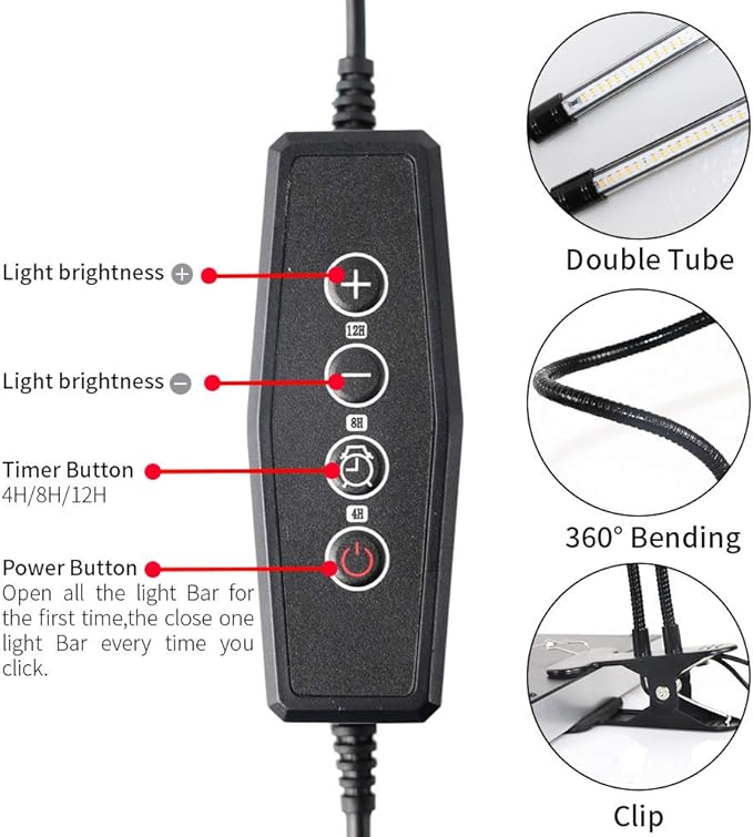 KAKAA LED Grow Light Full Spectrum Clip Plant Growing Lamp with White Red LEDs for Indoor Plants 5-Level Dimmable for Indoor Plants Seedlings Succulents