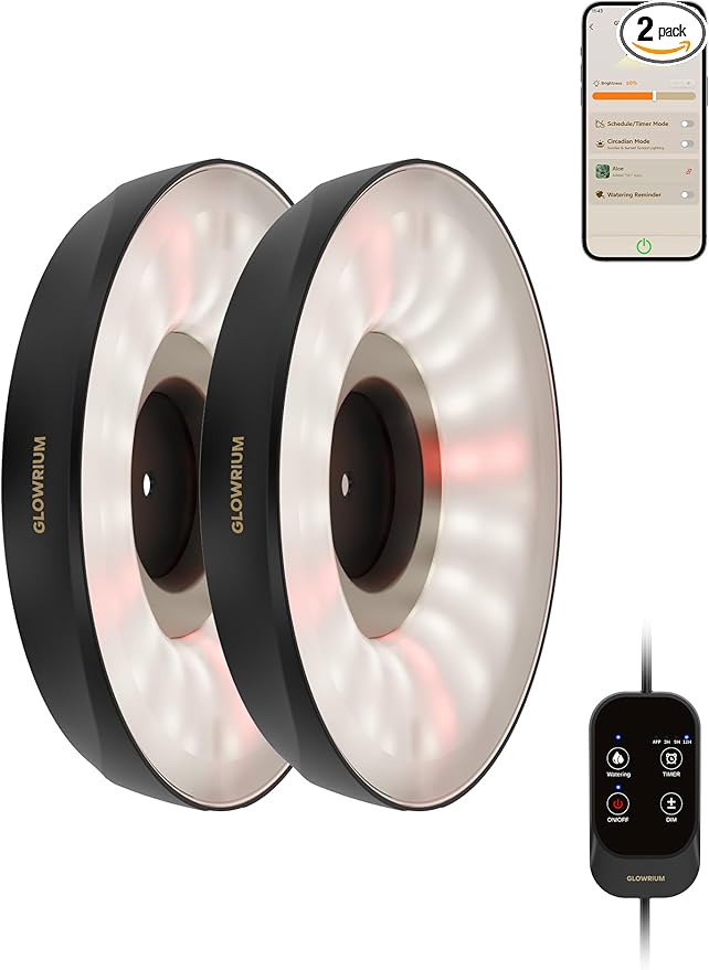 GLOWRIUM Grow Lights for Indoor Plants Full Spectrum Puck Grow Light with Manual &amp APP Control 16W(2 x 8W) Plant Lamp Auto-Timer Plant Assistant 10 Levels Dimmable for Plant Shelf (2 PacksBlac