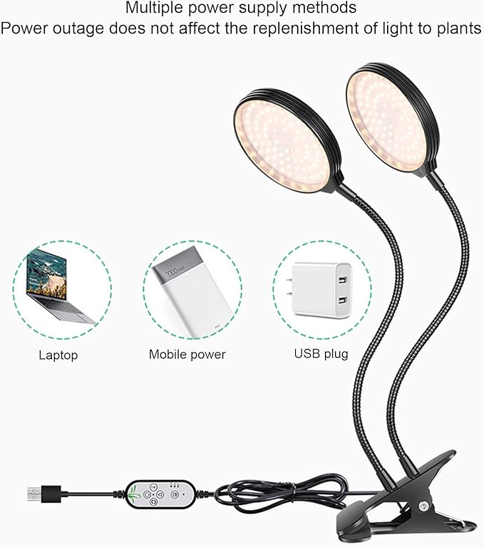 30W LED Grow Light Dual Heads USB Power Supply Sunlike Full Spectrum LED Plant Grow Lights with Clip
