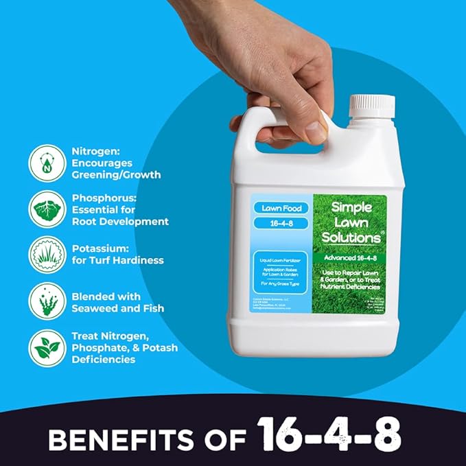 Advanced 16-4-8 Lawn Fertilizer - Liquid Lawn Food Spring &amp Summer Concentrated Spray - Any Grass Type- Fish and Seaweed Kelp- Balanced NPK - Simple Lawn Solutions (1 Quart)