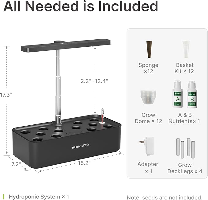 SUNCOZE Hydroponics Growing System Kit 12 Pods 24W LED Grow Light Indoor Garden 4L Water Tank with Quiet Pump Adjustable Height Herb Garden Planter Indoor Kit Gardening Gifts Black