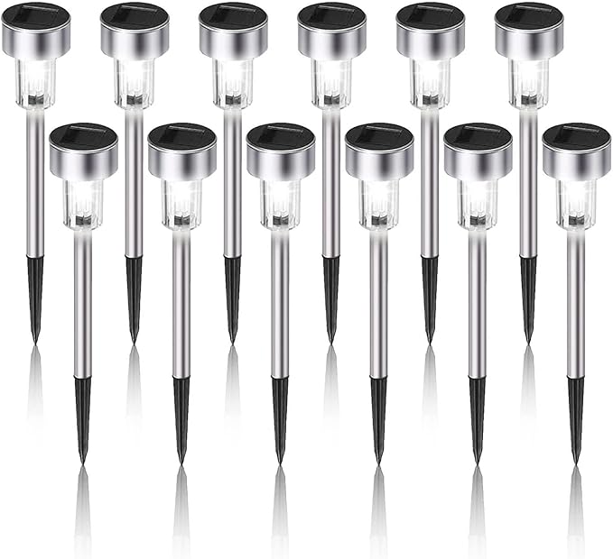12PCS Solar Garden Stake Light Weatherproo for Outdoor Pathway LightingStainless Steel LED Landscape No Wires Required with Automatic Night Activation(White)